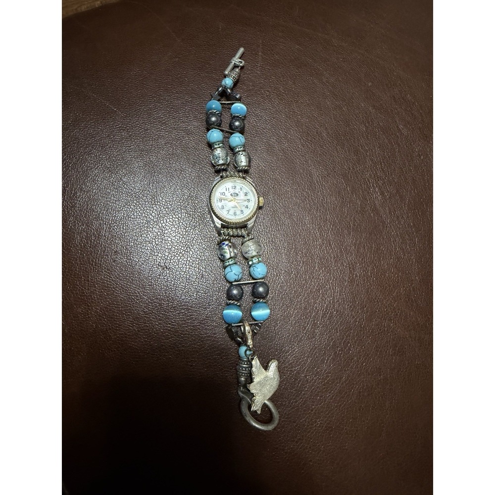 EZ2 Read Womens Quartz Watch Blue Turquoise Style Beaded Bracelet BandSilverTone